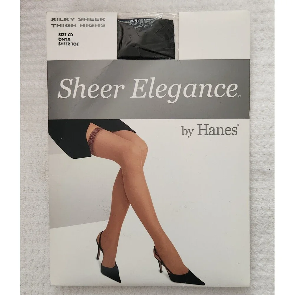 Hanes Sheer Elegance Silky Sheer Thigh Highs Size CD Onyx Black Sheer Toe